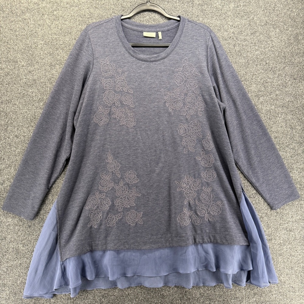 LOGO Lori Goldstein Lounge Sweater  1X Blue Tunic Ruffle Fairy Lagenlook Boho